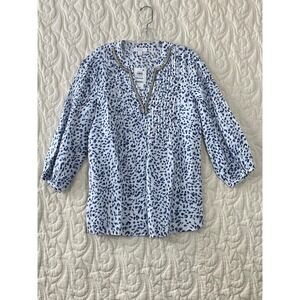 NEW Charter Club Linen Shirt Blue White Sz Medium Embellished Neck Tunic Style